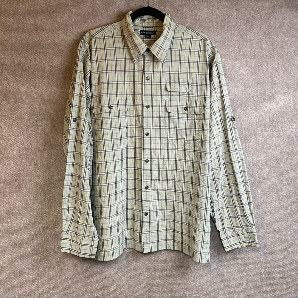 LANDS END Mens Shirt XL 17-17 1/2 Button Down Long Sleeve Plaid
